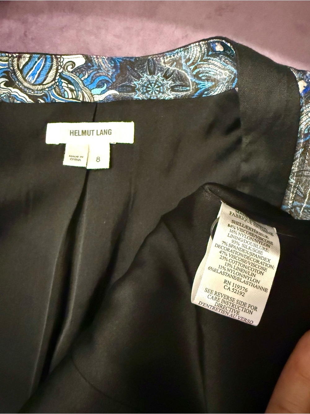 🏖️Summer Sale: Helmut Lang Blue Mandala Print Blazer w/Black Trim - silk lined - Picture 6 of 7